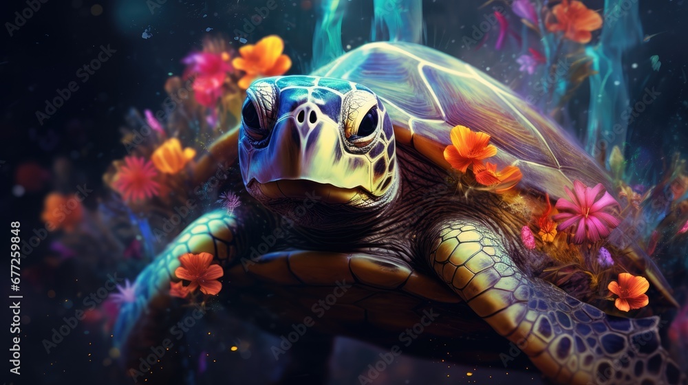 Poster a close up of a turtle with flowers on it's back and its head above the top of the turtle. generativ