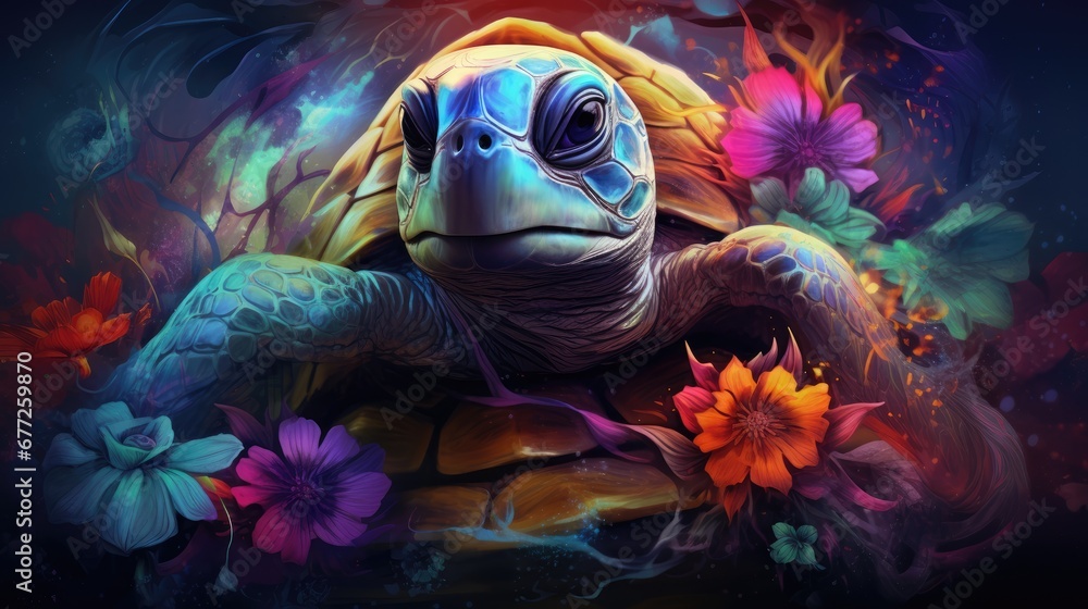 Aufkleber a painting of a turtle with flowers on it's back and its head resting on it's back. generative ai