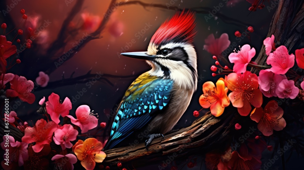 Poster a colorful bird sitting on a branch of a tree with pink flowers in the foreground and a dark backgro