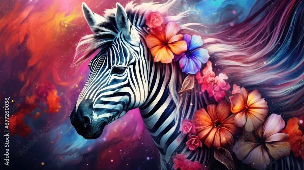 Poster a close up of a zebra with flowers on it's head and a painting of a zebra in the background. generat