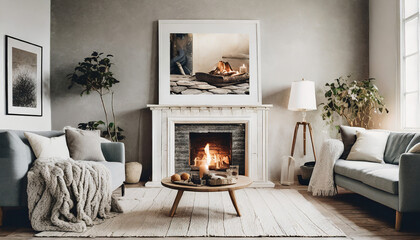 Hygge Hideout with Wall Mockups, Transform your Scandinavian living room into an inviting haven with soft grays, plush throws, and a fireplace