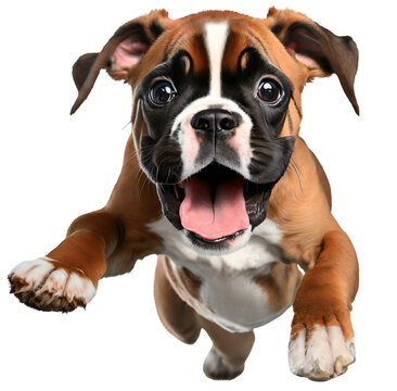 Cute Boxer puppy dog jumping isolated image. Funny pet doggy jump.