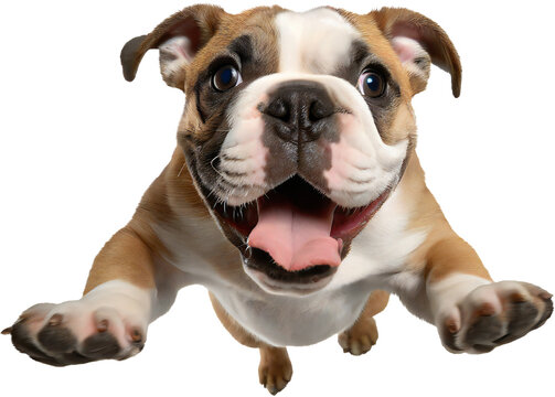 Cute Bulldog puppy dog jumping isolated image. Funny pet doggy jump.