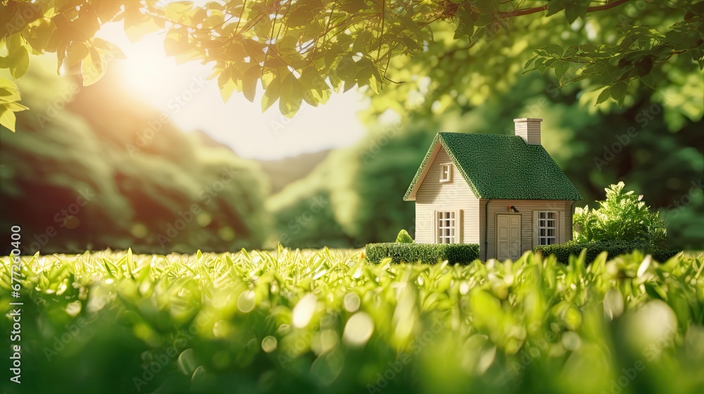 Poster a small house sitting in the middle of a field of grass with the sun shining through the trees behin