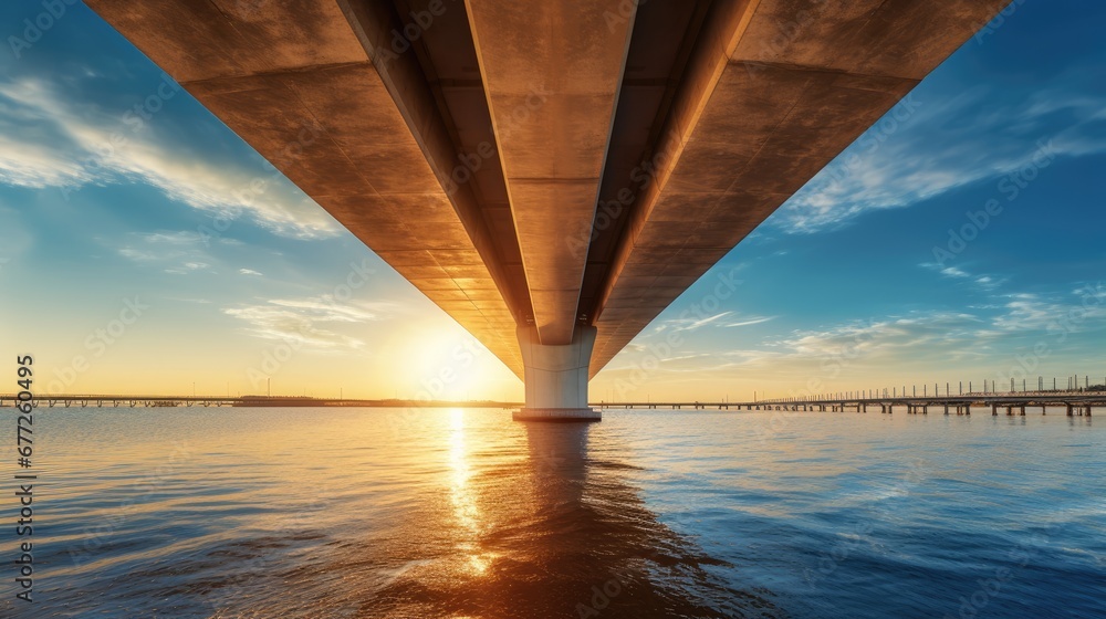 Poster a view of a bridge over a body of water with the sun setting in the background and a bridge in the f