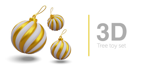 Poster with glass balls with gold white elements for winter holiday. Toy for tree. New year and Christmas decoration. Vector illustration in 3d style with place for text