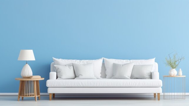 a white couch sitting in front of a blue wall, with two tables on either side of it On one of the tables is a lamp, and on the other table is a flower vase The co
