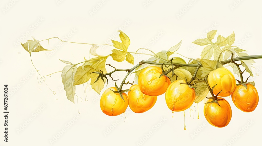 Poster a painting of a bunch of oranges hanging from a tree branch with leaves and water droplets on the br