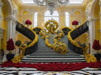 Floral marble palace yellow staircase, wedding maternity backdrop