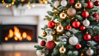 Christmas Tree with decorations and blurred background with a fireplace