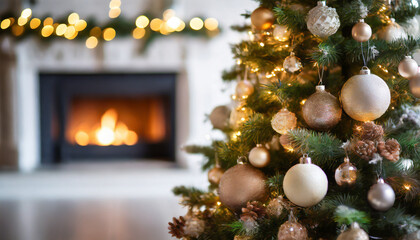 Christmas Tree with decorations and blurred background with a fireplace