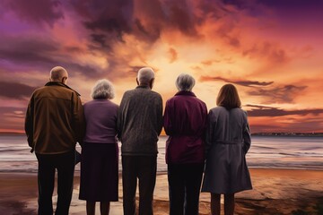 Older people standing facing the sea. enjoying the view of the beach. Tourism and travel concept - obrazy, fototapety, plakaty