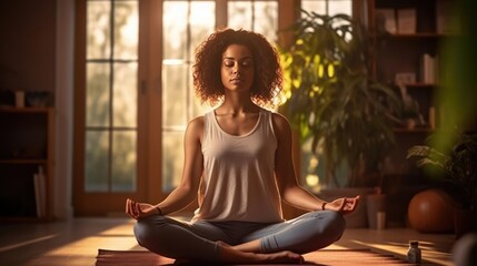 Woman in sitting meditation yoga pose cross legged on living room floor eyes closed interior  - obrazy, fototapety, plakaty