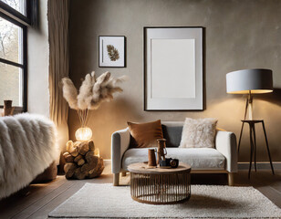 Cozy Corner with Wall Mockups, Create a comforting retreat in your Scandinavian living room with faux fur, soft lighting, and earthy tones. Wall mockups