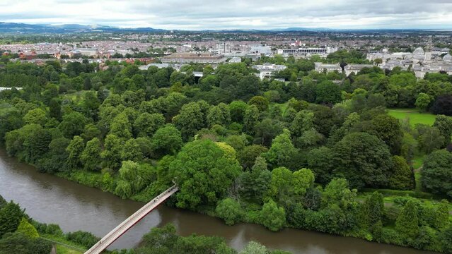 Aerial view of Bute Park and Millenium Bridge in Cardiff, capital of Wales, UK