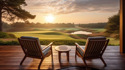 wooden veranda at a resort with two armchairs and tranquil sunrise view over the golf course  - obrazy, fototapety, plakaty