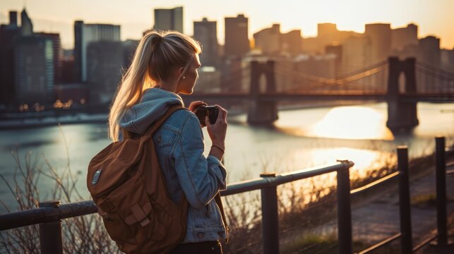 Young female tourist with rucksack taking pictures of evening city 