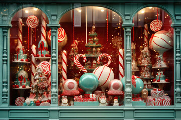 Fototapeta na wymiar Christmas window display of a candy store