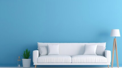 White sofa or couch with side tables on a solid blue background banner size fresh and calm interior - obrazy, fototapety, plakaty