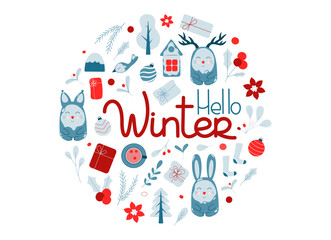 Cute winter set. Animals, plants, gifts, decorations. Elements for design cards, scrapbooking, stickers. Vector illustration on a white background.
