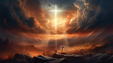 Resurrection - Light Cross Shape In Clouds - Risen - Jesus Ascends to Heaven Scene - obrazy, fototapety, plakaty