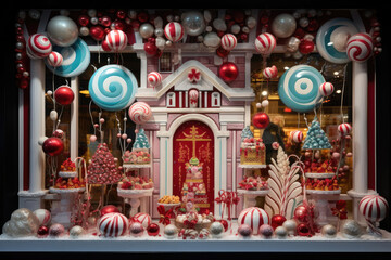 Christmas window display of a candy store - obrazy, fototapety, plakaty