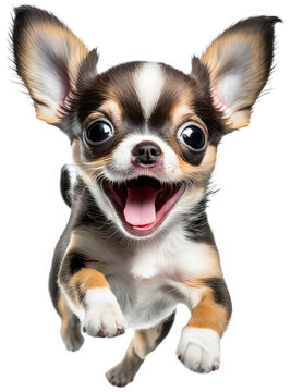 Cute Chihuahua puppy dog jumping isolated image. Funny pet doggy jump.