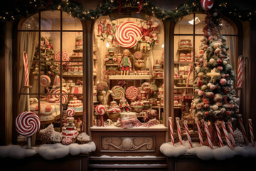 Christmas window display of a candy store