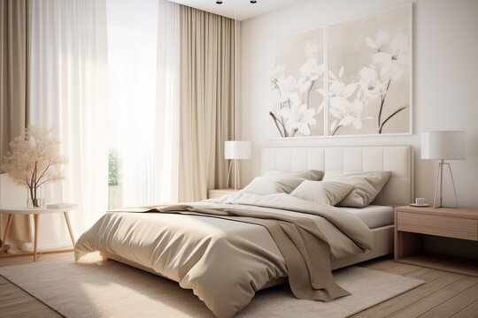 Modern small space bedroom interior for a student or young couple with contemporary furniture. Space optimization ideas