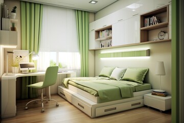 Modern small space bedroom interior for a student or young couple with contemporary furniture. Space optimization ideas
