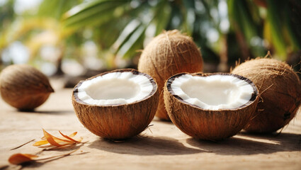 Coconut exotic nourishment on horizontal blur background. Open coco nut on premium resort. - obrazy, fototapety, plakaty