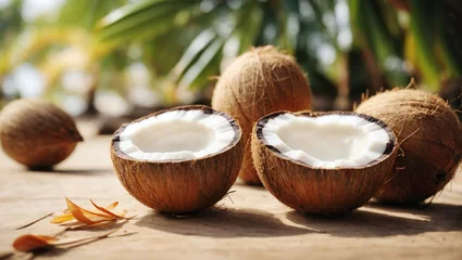 Foto op Canvas Coconut exotic nourishment on horizontal blur background. Open coco nut on premium resort. © SolaruS