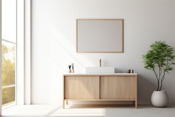 Fototapeta na wymiar Scandinavian style interior, minimalist bathroom design with light wooden elements