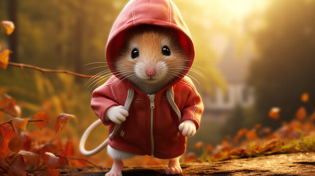 A cute little mouse with a hoodie and tennis shoes, beautiful background.Generative AI