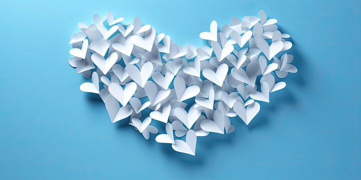 Blue background of hearts, romantic paper clipping concept, top view. Beautiful cute hearts on a pastel blue table of a flat composition. Generated by Ai.