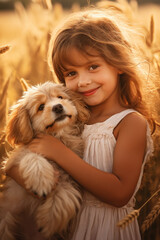A little girl hugs a dog in a field on a summer day.Generative AI