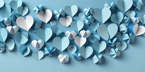 Blue background of hearts, romantic paper clipping concept, top view. Beautiful cute hearts on a pastel blue table of a flat composition. Generated by Ai.