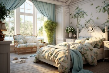 Provence style bedroom interior with maximalist floral decoration