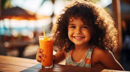 Photo of joyful cute child taking a big gulp of smoothies, on a tropical beach under palm leaves, against the background of the ocean with the midday sun - obrazy, fototapety, plakaty