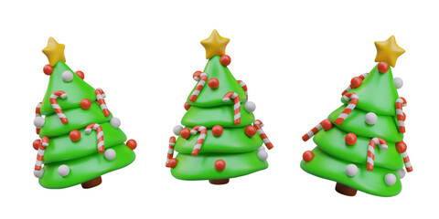 Collection of Christmas tree in different positions. Decoration for new year celebration. Sweet cookie or candy. Vector illustration in 3d realistic style