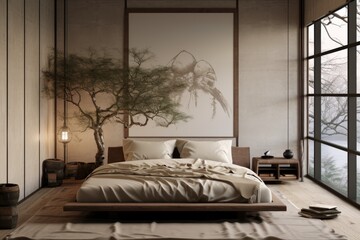Fototapeta premium Bedroom interior details in trendy minimalist japandi style