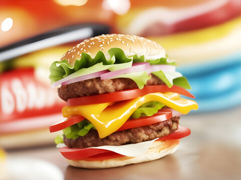 Horizontal blur wallpaper with american hamburger. Detailed image of classic cheeseburger.