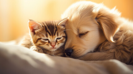 Dog and cat hug each other. The concept of true friendship.Generative AI