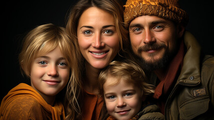 Obraz premium Classic happy family of four members: mother, father, daughter and son. Parents and sons. Happy and smiling family group. Concept of love, unity, love, coexistence, company, ties.