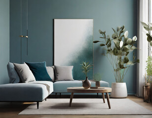 Tranquil Tones with Wall Mockups, Calm your space with soft blues, muted greens, and natural materials in the Scandinavian living room. Wall mockups