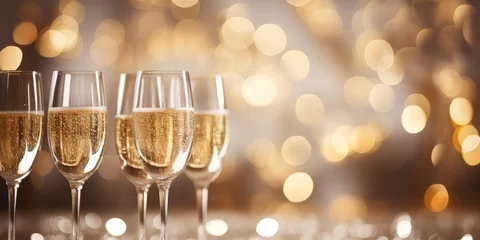 Fotobehang Champagne glasses on bokeh lights background. Party, new year, celebration idea © Lazylizard