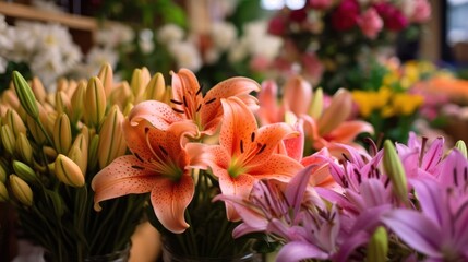 Bouquet of lily flowers in a shop. Mother's day concept with a space for a text. Valentine day concept with a copy space.