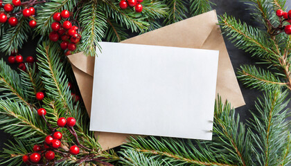 Fototapeta na wymiar Blank card and envelope on fir branches