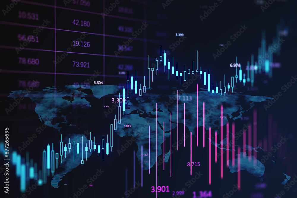 Poster futuristic stock market analysis with world map projection. 3d rendering