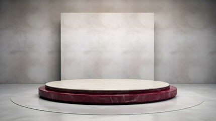 Luxury Studio Background for Product Presentation. Light Marble Showroom with a round burgundy Podium